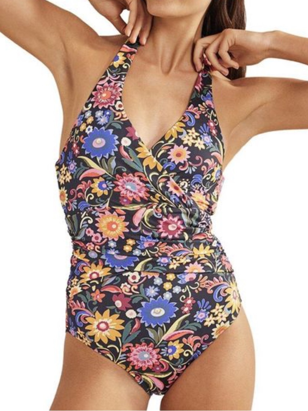 Boden Levanzo Floral One-Piece Halter Swimsuit - Black Multicolor